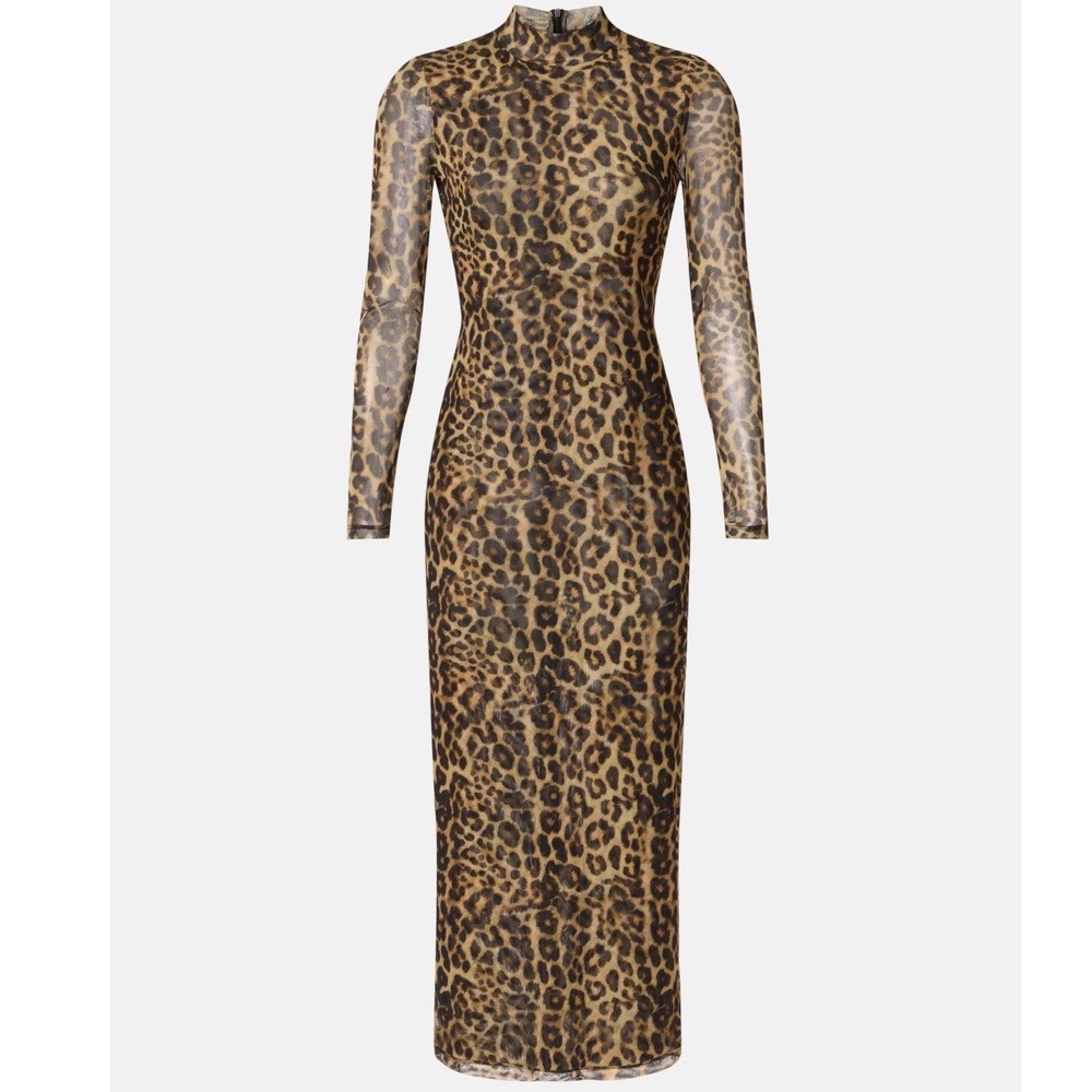 Ronny Kobo Collective Leopard Mesh Maxi Dress Mock Neck Animal Print Small e5